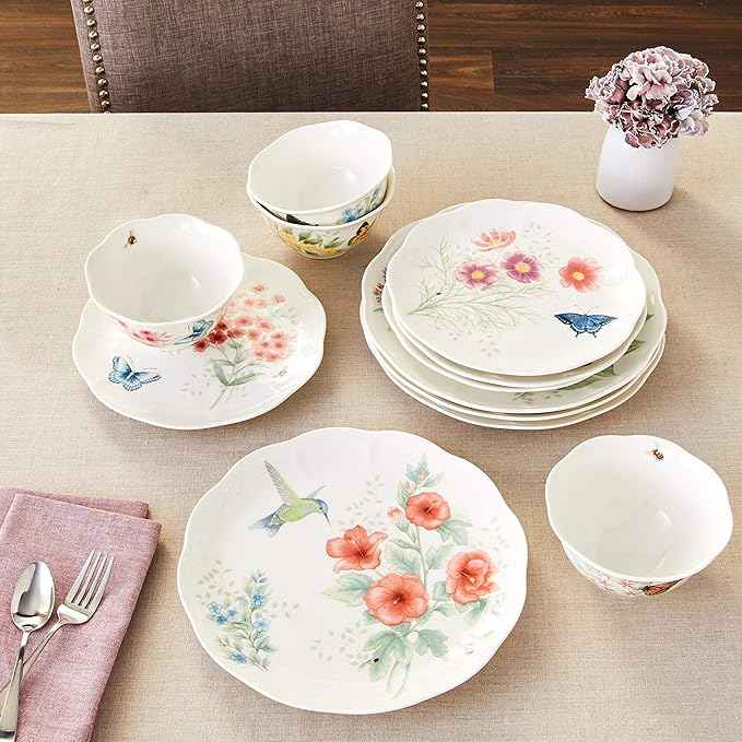 Lenox Dinnerware Set, Butterfly Meadow Flutter 12-Piece Set, Service For 4, Elegant White Porcelain, Dishwasher Safe, Chip Resistant, Plates And Bowls Sets, Home and Kitchen (Assorted, 12 Pieces)