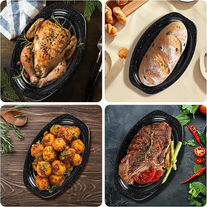 13” Roaster Pan with Lid and Rack, Small Enamel Roaster Pan with Oval Roasting Rack, Granite Baking Pot for Chicken Turkey Lamb, Heat Resistant, Oven/Dishwasher/All Stovestops Compatible