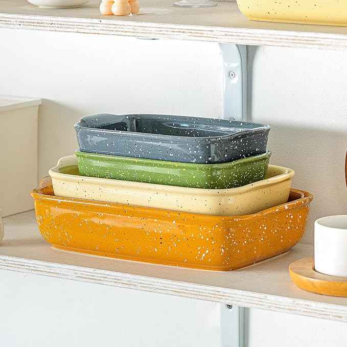 Casserole Dish Set of 3,Lasagna Pan,Ceramic Bakeware for Oven,Rectangular Baking Dishes with Handles,High Heat Resistant,Colorful Speckle Stoneware Series (13.8''/12''/9.6''Yellow)