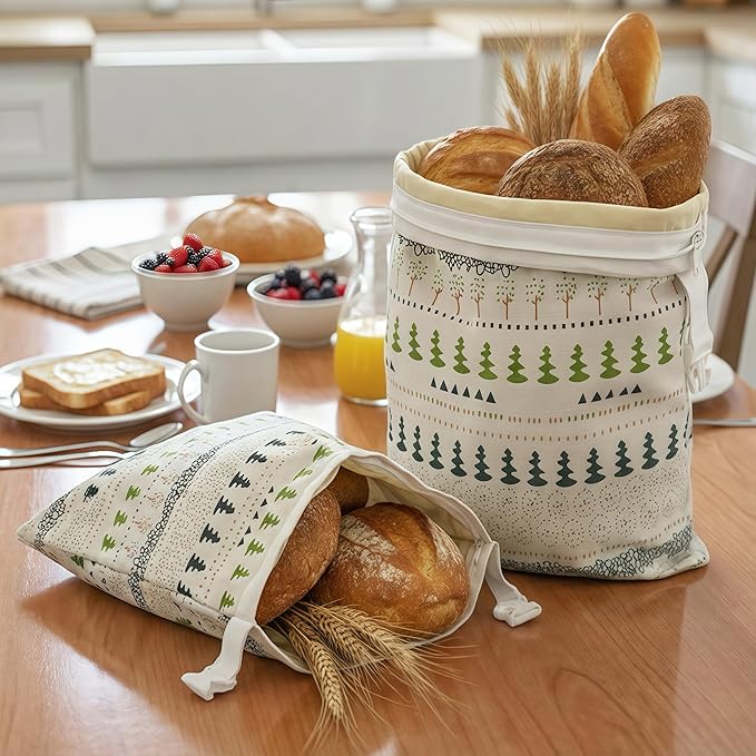 Reusable Beeswax Bread Bags-17"x13" Large Bread Bags for Sourdough & Homemade Cloth BreadBags Keeps Fresh Longer 2Pack (Tree Patterns) | Tree Pattern, Beeswax keep fresh, Large Size, Zipper, Snap-On