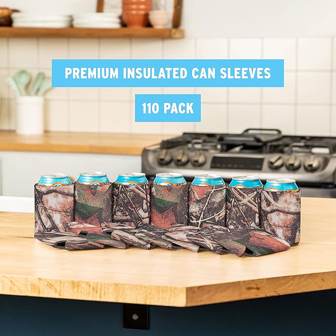 Blank Beer Can Cooler Sleeves (110-Pack) Soft Insulated Beer Can Coolies - HTV Friendly Blank Koolies in Bulk for Beer Cans & Bottles - Coolie Blanks for Vinyl Projects & Wedding Favors (Natural Camo)