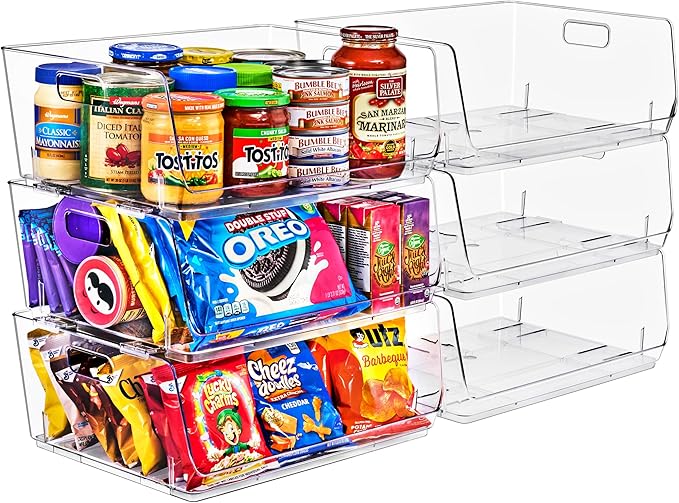 Sorbus Stackable Storage Bins Open Front, Clear Stackable Storage Bins, Pantry Bins for Storage and Organization, Acrylic Stackable Bins for Kitchen, Clear Pantry Organizer Bins (Large 6 Pack)