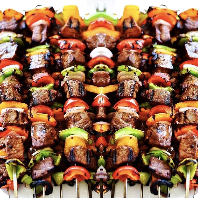 Antallcky 12 Pack Kebab Skewers 22 Inch BBQ Barbecue Skewers Stainless Steel Sticks Heavy Duty Large Wide Reusable with Nonslip Wooden Handle Ideal for Shish Kabob Chicken Shrimp and Vegetables