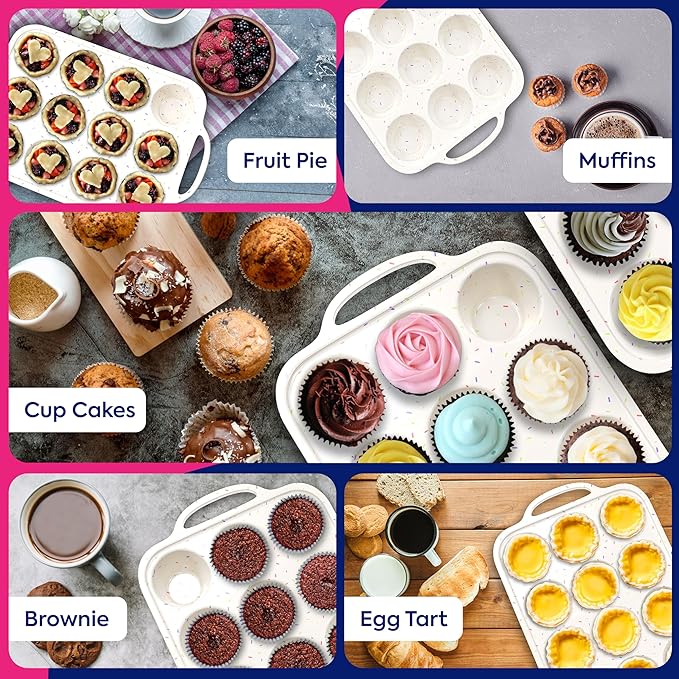 RICCLE Silicone Muffin Pans for Baking with Metal Reinforced Frame, 12-Cup Cupcake Pan, 2 Pcs Muffin Trays for Cupcake Baking, Tray Molds, Oven & Dishwasher Safe, BPA-Free (2 x Regular)