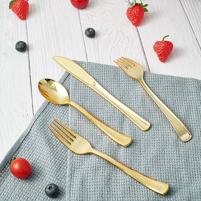 FOCUSLINE 300 Pack Disposable Gold Plastic Knives, Solid and Durable Plastic Cutlery Knives, Heavy Duty Disposable Utensil Silverware for Catering, Parties, Dinners, Weddings