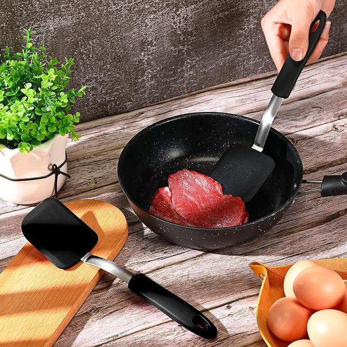 Silicone Cookie Spatula Turner 2 Pack Mini Brownie Spatula Flexible Kitchen Small Silicone Turner for Nonstick Cookware Heat Resistant No Scratch Flipper for Egg Pancake(Black)