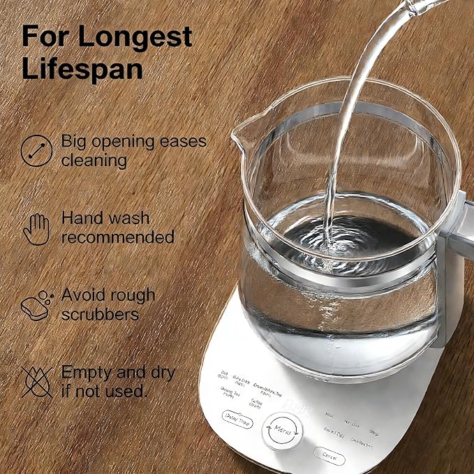 1200w Electric Kettle, 1.5L Borosilicate Glass tea kettle, Hot water kettle electric for Coffee or Tea, BPA Free, Auto Shut-Off, Stainless Steel, Fast Boil, White