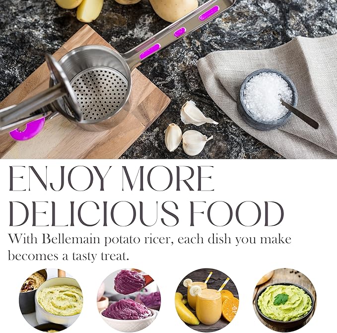 Bellemain Heavy-Duty Stainless Steel Potato Ricer & Masher | 15 oz, Perfect for Mashed Potatoes | Kitchen Tool with 3 Interchangeable Discs (Purple)