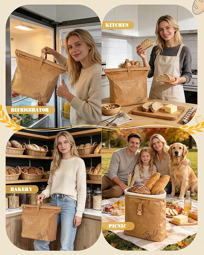 Marscamd Large Reusable Bread Bags for Homemade Bread with Zipper, 2 Pack Sourdough Bread Bags with Handle, Bread Storage Bags for Freezer, Refrigerator, Brown