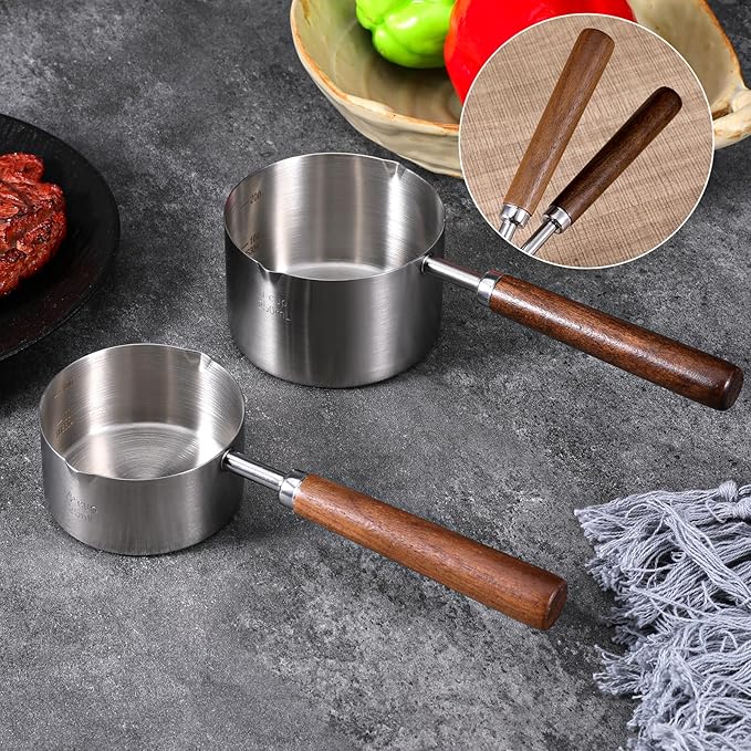 2 Pcs 8.5 oz/4.2 oz Mini Food Grade Stainless Steel Butter Warmer, Mini Food Warmer with Dual Spouts, Small Milk Saucepan with Wood Handle, for Coffee Milk Warming Chocolate Butter Melting
