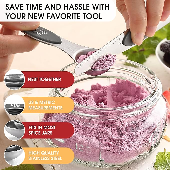 Spring Chef Heavy Duty Ice Cream Scoop with Comfortable Handle & Stainless Steel Magnetic Measuring Spoons with Leveler, Set of 8-2 Product Bundle - Gray