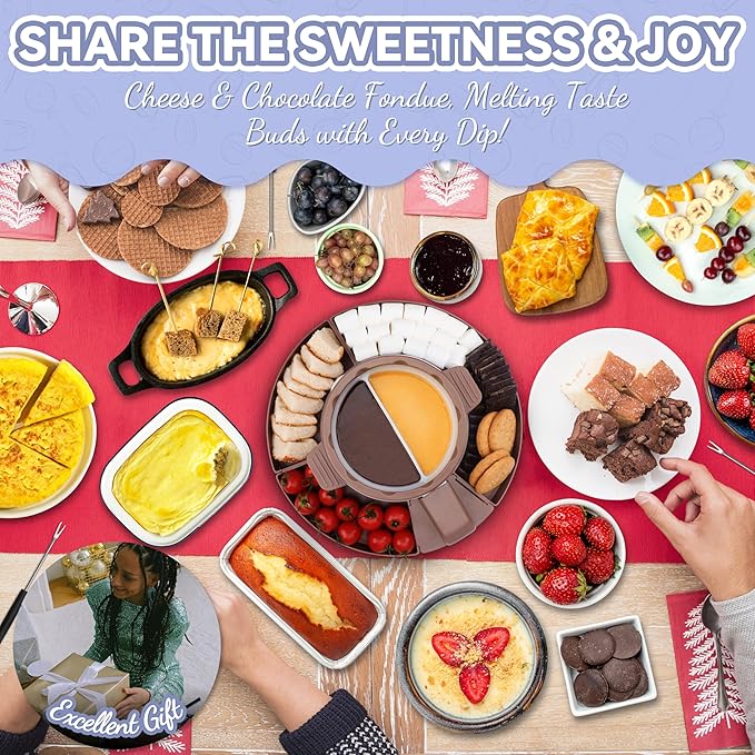 Party Desserts Electric Fondue Pot Set with 2 Pots, Melting Chocolate Warmer for Dipping, Candy & Chocolate Melting Pot, Fondue Pot Electric Set, Fondue Forks Included, 2.5 Cups, Brown