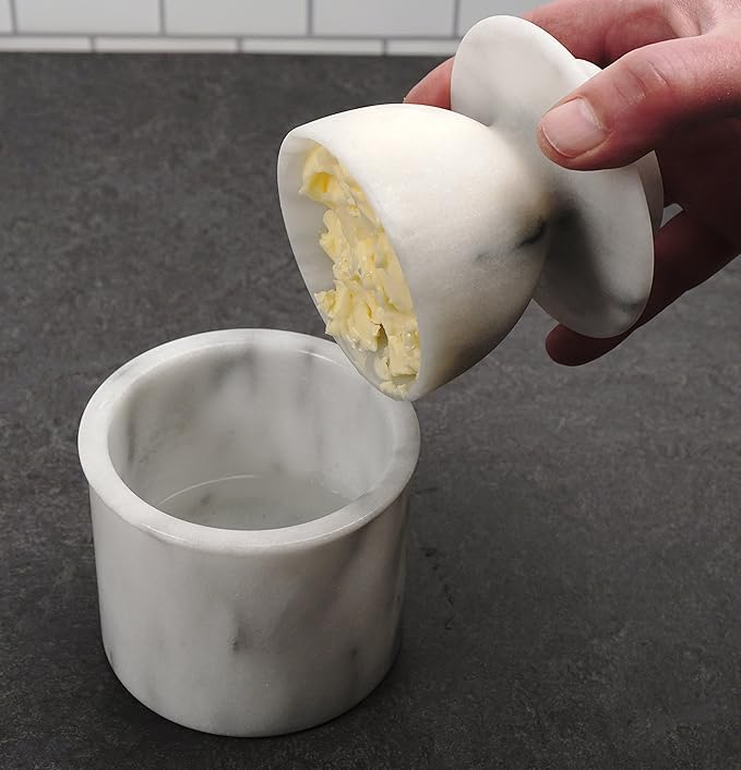 RSVP International White Marble French Butter Pot, Holds One Stick or 1/2 Cup | Made From Natural White Marble | Keep Butter Fresh & Spreadable at Room Temperature in Crock Dish