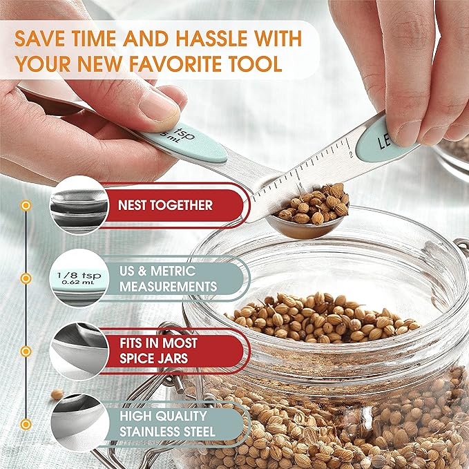 Spring Chef Stainless Steel Magnetic Measuring Cups, Set of 7 & Magnetic Measuring Spoons, Set of 8 with Leveler - 2 Product Bundle - Mint