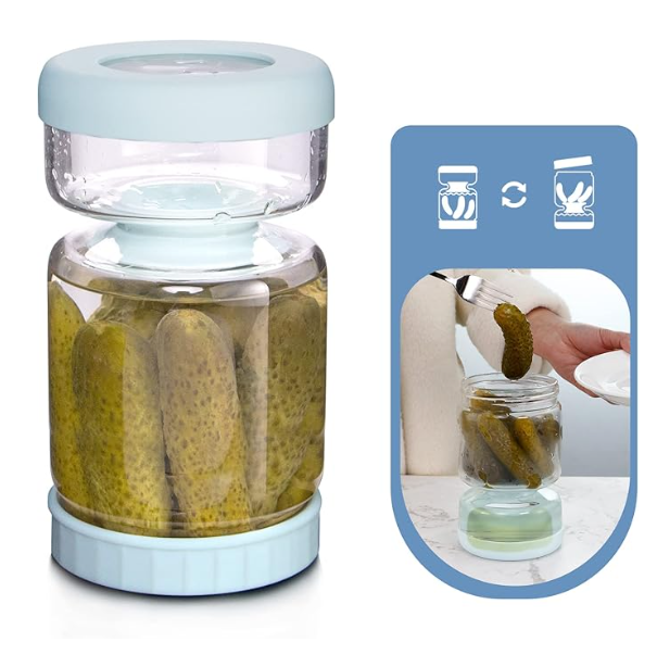 Luvan Glass Pickle Jar, 34oz Pickle Container with Strainer, LeakProof Kraut and Olive Hourglass Jug, Olive Jar with Airtight Lid, Multifunction Jalapeno Container, Gherkin Flip Jar for Fridge