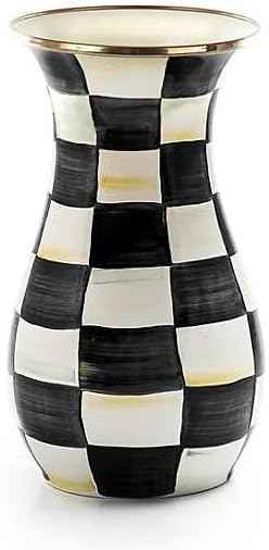 MACKENZIE-CHILDS Tall Enamel Vase, Unique Flower Vase, Decorative Table Decor for Living Room, Black-and-White Courtly Check
