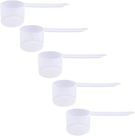 Plastic Measuring Scoop, (48 cc | 48 mL) Long Handle Spoons for Powders, Granules, Coffee, Pet Food, Baking Supplies, Protein and Other Dry Goods, BPA Free (Set of 5)