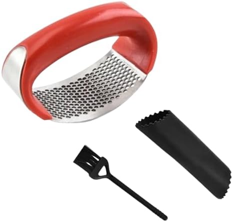 Angel's Peel Lounge Stainless Steel Garlic Press Rocker Set with Silicone Garlic Peeler & Cleaning Brush – Garlic Chopper, Mincer, Grater, Crusher – Easy for Crushed Cloves – Rust-Resistant, Red