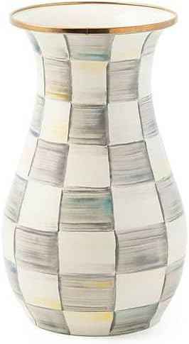 MACKENZIE-CHILDS Tall Enamel Vase, Unique Flower-Vase Decor for Living Room, Gray-and-White Sterling Check