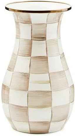 MACKENZIE-CHILDS Tall Enamel Checkered Vase, Unique Flower Vase, Brown-and-White Mocha Check, Steel, 6" L x 6" W x 12" H