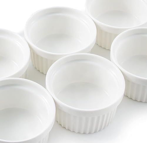 Nuwave Ceramic Ramekins 8 oz, Set of 6, Elegant Classic Style for Baking Souffles, Creme Brulées, Custards, Puddings, 4.3” Wide & 2” Tall, Microwave, Oven & Dishwasher-Safe, Ivory White (6)