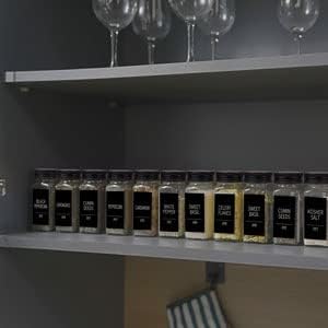 Churboro 66 Spice Jars with 547 Labels- Glass Spice Jars with Black Metal Caps, 4oz Empty Spice Containers with Shaker Lids, Funnel, Chalk Pen, Square Seasoning Bottles for Spice Rack, Drawer, Cabinet