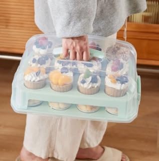 Top Shelf Elements Cupcake Carrier, EXTRA TALL LID, Green Cupcake Holder Carries 24 Standard-Size Cupcakes, Muffin Traveler Two Tier Stand Reusable Cupcake Box