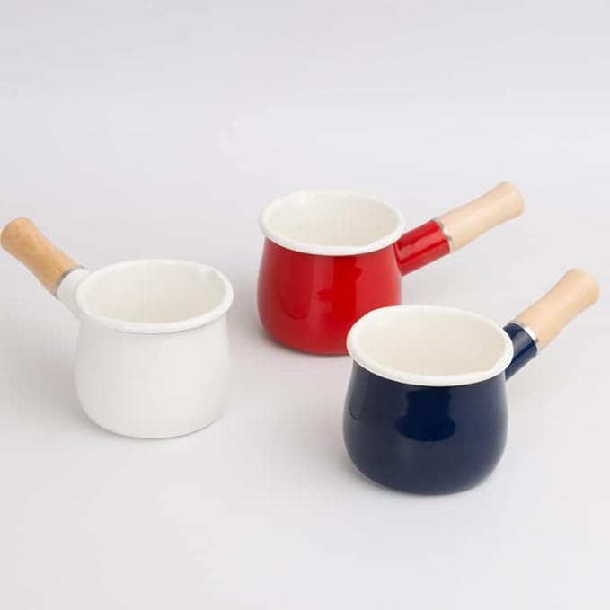 Enamel Milk Pot, Butter Warmer Non-stick Mini Saucepan, 4 Inch 17 Oz Small Cookware with Wooden Handle(Blue)