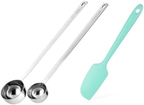 Doosu 18/8 Stainless Steel Food-Grade Measuring Coffee Scoop with 8.5in Long Handle (1 & 2 Tbsp) and 600°F Heat Resistant Mini Food-Grade Silicone Bowl Scraper (Aqua Sky)