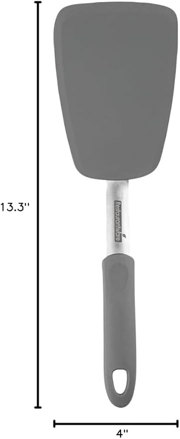 Restaurantware Comfy Grip 13.3 x 4 Inch Silicone Turner 1 Durable Cooking Turner - Stainless Steel Body Rubber Handle With Hole Gray Silicone Flipper Spatula Tolerates Up To 446F Dishwashable