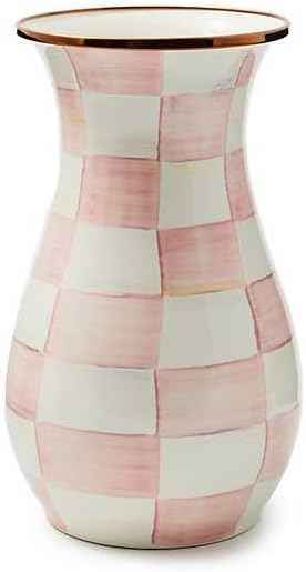 MACKENZIE-CHILDS Tall Enamel Vase, Unique Flower Vase, Bouquet Vase Decor for Living Room, Pink-and-White Rosy Check