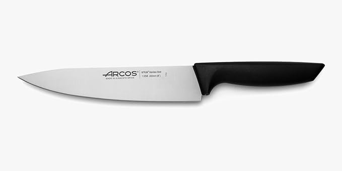 Arcos Chef Knife 8 Inch Nitrum Stainless Steel Blade - Polypropylene Black Handle - Lightweight and Durable for Everyday Use. Niza Series. Color Black. Niza Series