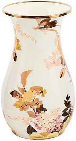 MACKENZIE-CHILDS Tall Enamel Vase, Unique Flower-Vase Decor for Living Room, Wild Rose White