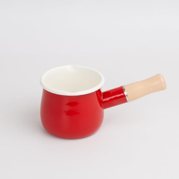 Enamel Milk Pot, Butter Warmer Non-stick Mini Saucepan, 4 Inch 17 Oz Small Cookware with Wooden Handle(Red)