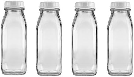 The Dairy Shoppe Glass Milk Bottle, Heavy Glass with Extra Lid, Creamery Style (4, Pint)