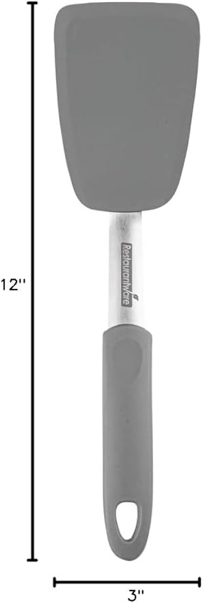 Restaurantware Comfy Grip 12 x 3 Inch Silicone Turner 1 Durable Cooking Turner - Stainless Steel Body Rubber Handle With Hole Gray Silicone Flipper Spatula Tolerates Up To 446F Dishwashable
