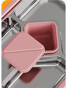 QIBONGS-Stainless Steel Tray Bento Lunch Box with Sauce Cup Drop-Proof, Leak-Proof 4 Compartments Container for Work, Travel, Dishwasher Safe, Made with Food-Safe Materials (Pink)