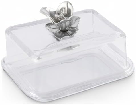 Arthur Court Glass Butter Dish with Lid Magnolia Flower Knob | Classic 2-Piece Design Covered Butter Keeper | Covers and Holds a Standard Stick of Butter | Spring Southern Décor