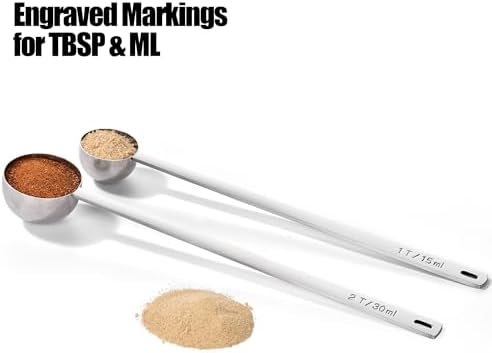 Doosu 18/8 Stainless Steel Food-Grade Measuring Coffee Scoop with 8.5in Long Handle (1 & 2 Tbsp) and 600°F Heat Resistant Silicone Jar Scraper Spatula (Aqua Sky)