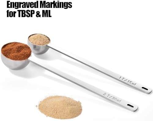 Doosu 18/8 Stainless Steel Food-Grade Measuring Coffee Scoop with 6.9in Long Handle (1 & 2 Tbsp) and 600°F Heat Resistant Mini Food-Grade Silicone Bowl Scraper (Aqua Sky)