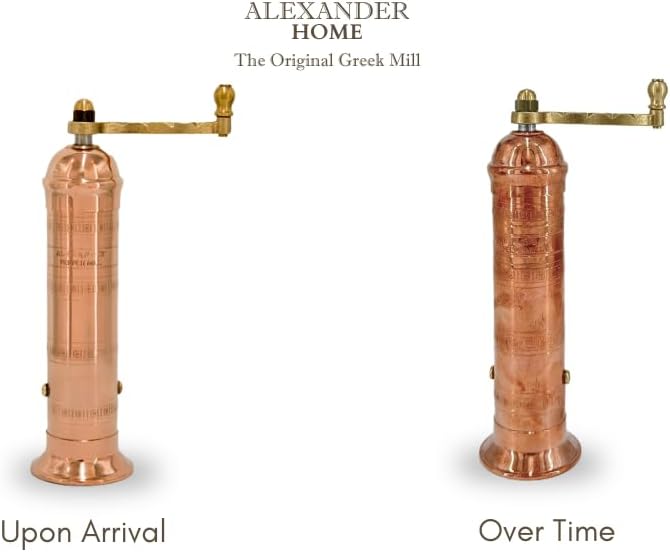 Alexander Home The Original Greek Pepper Mill 9 Inch Tall | European Pepper Mill Grinder with Crank Handle | Manual Pepper Grinder | Peppercorns Refillable - Copper…