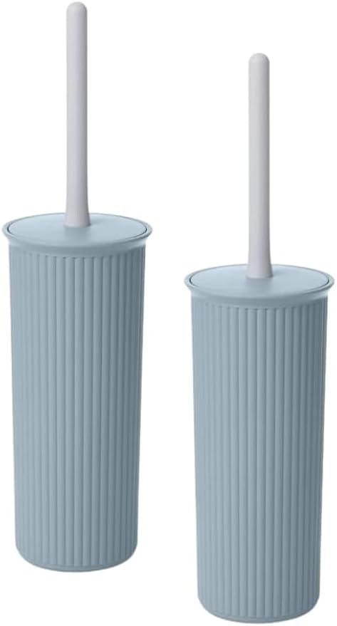 Decorative Plastic Toilet Bowl Brush and Holder Set, Blue (2 Pack) Cleaner Scrubber for Bathroom - Ribbed Design