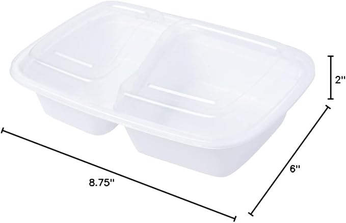 Restaurantware Asporto 32 Ounce Compartment Take Out Boxes 100 Microwavable Meal Prep Containers - 2 Compartments With Clear Plastic Lids White Plastic Food Containers Do Not Contain BPA