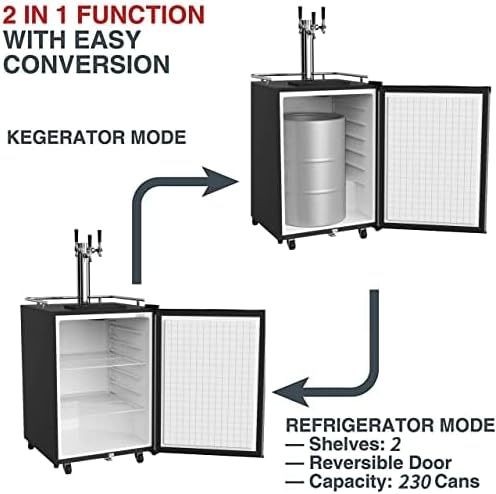 HCK Kegerator, 24 inch Outdoor Undercounter Refrigerator, 2 in 1 Full Size Beer Kegerator with 3 Taps Draft Beer Dispenser, Freestanding, Stainless Steel Door, Ideal for Patio and Outdoor Kitchen