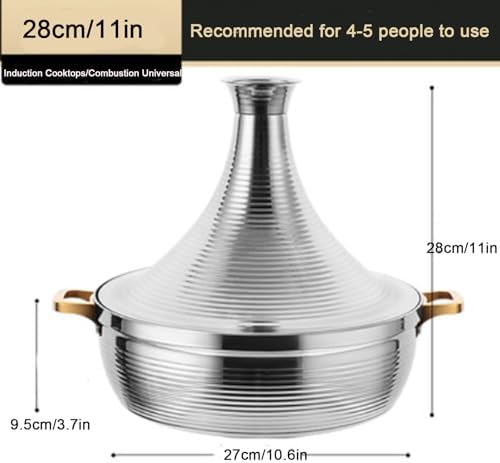 Large Stainless Steel Moroccan Tagine Pot, 30cm Non-Stick Tajine Casserole with Cone Lid & 2 Handles, Elegant Gold Finish for Authentic Moroccan Cooking