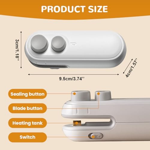 2-in-1 Mini Bag Sealer with Cutter & Magnet - Rechargeable Handheld Heat Sealing Machine for Snack & Chip Bags - Portable Food Storage Resealer (White, 2pcs)