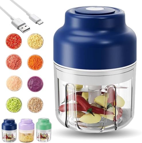 Electric Garlic Chopper, Mini Portable Veggie Cutter with 4/6 Stainless Steel Blades, Portable Wireless Rechargeable Mini Electric Garlic Food Chopper for Garlic, Onion, Chili, Nuts (Blue,320ML)