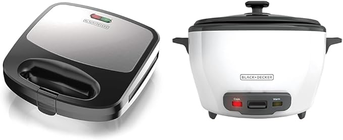 BLACK+DECKER 3-in-1 Waffle Iron WM2000SD, Grill & Sandwich Press Bundle with 6-Cup Rice Cooker