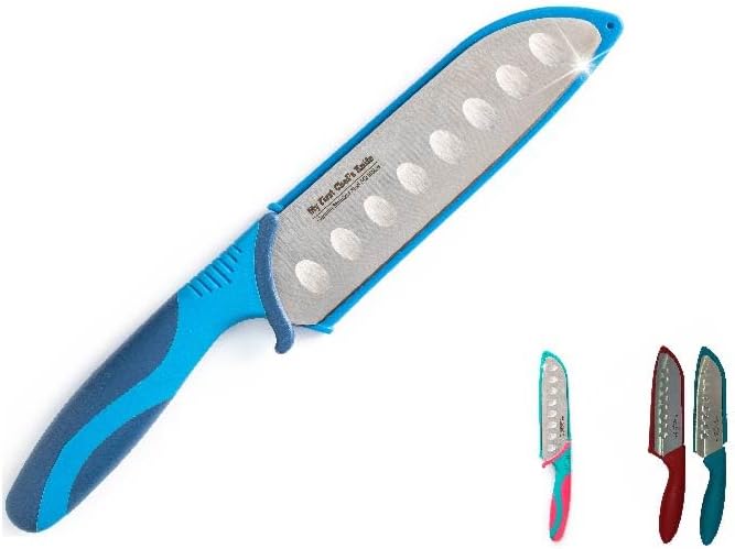 My First Chef's Knife for Kids - NEW! - (ROYAL/NAVY) w/Protective Safety Sheath - German Stainless Steel - Curved Finger Shield/Childrens Cooking Baking