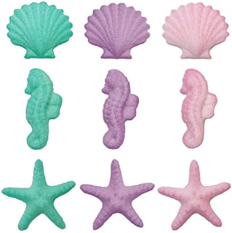 NCS Shimmering Pink, Purple, Teal Seahorses, Starfish & Shells Edible Sugar Cake Toppers - 12 Count